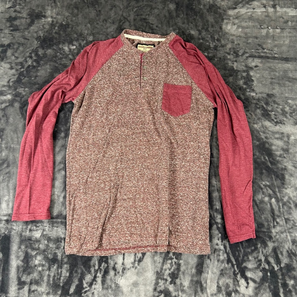 Hudson & Barrow Henley Shirt Mens Large Maroon Heather Long Sleeve Raglan Pocket